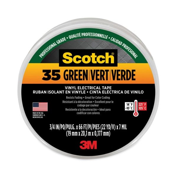 3M Scotch 35 Vinyl Electrical Color Coding Tape, 3" Core, 0.75" X 66 Ft, Green