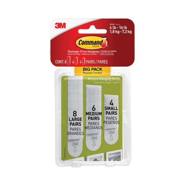 Command Picture Hanging Strips Big Pack, Removable, (4) Small, (6) Medium, (8) Large, White, 18 Pairs/Pack