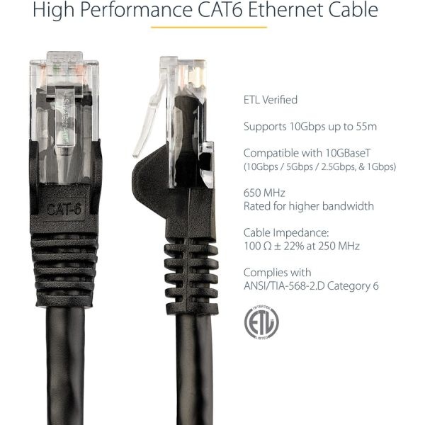 7Ft Cat6 Ethernet Cable - Black Snagless Gigabit - 100W Poe Utp 650Mhz Category 6 Patch Cord Ul Certified Wiring/Tia