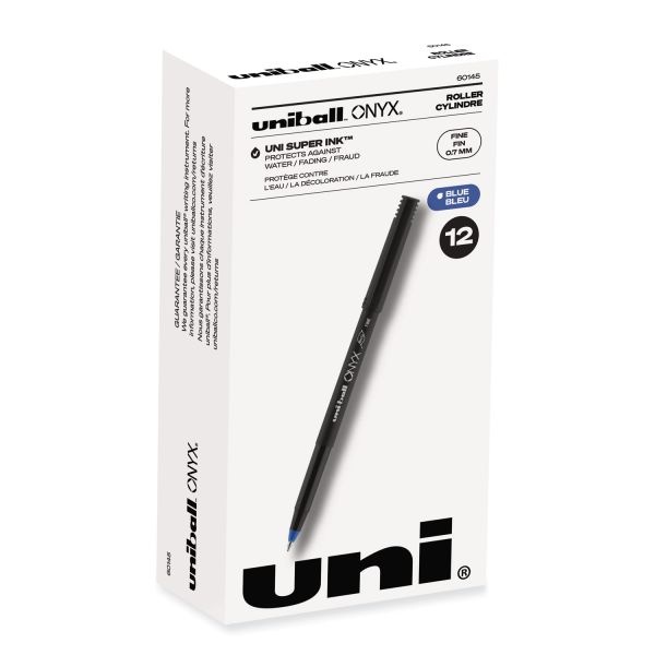 Uniball Onyx Roller Ball Pen, Stick, Fine 0.7 Mm, Blue Ink, Black/Blue Barrel, Dozen