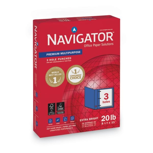 Navigator Premium 3-Hole Punched Multipurpose Paper, 97 Brightness, 20 Lb, 8 1/2 X 11, White, 5000 Sheets/Carton