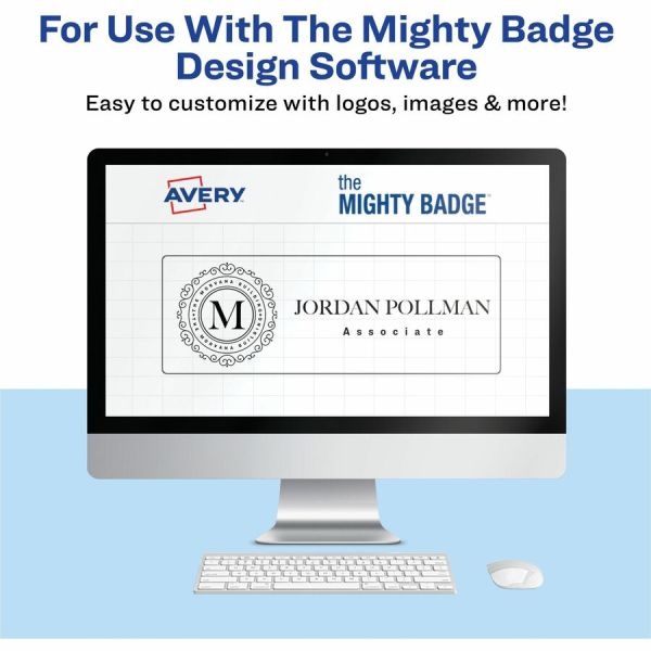 Avery The Mighty Badge Name Badge Holder Kit, Horizontal, 3 X 1, Inkjet, Silver, 4 Holders/32 Inserts