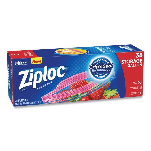 Ziploc Double Zipper Storage Bags, 1 Gal, 1.75 Mil, 10.56" X 10.75", Clear, 38/Box