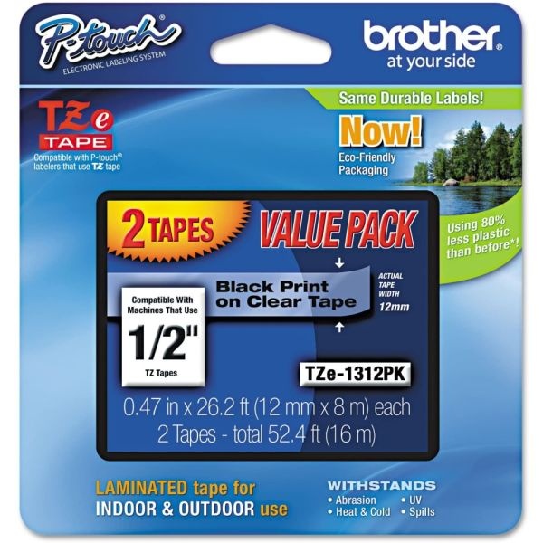 Brother Tze-1312-Pk Black-On-Clear Tapes, 0.5" X 26.2', Pack Of 2