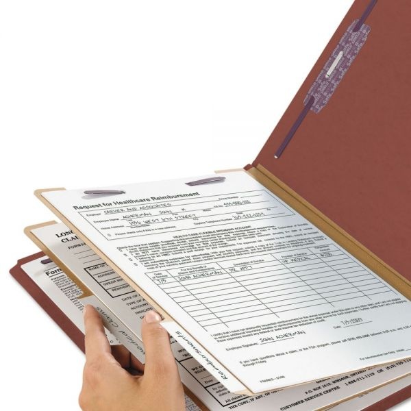 Smead Pressboard Classification Folders, Six Safeshield Fasteners, 1/3-Cut Tabs, 2 Dividers, Letter Size, Red, 10/Box