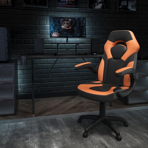 Optis Black Gaming Desk And Orange/Black Racing Chair Set With Cup Holder, Headphone Hook, And Monitor/Smartphone Stand