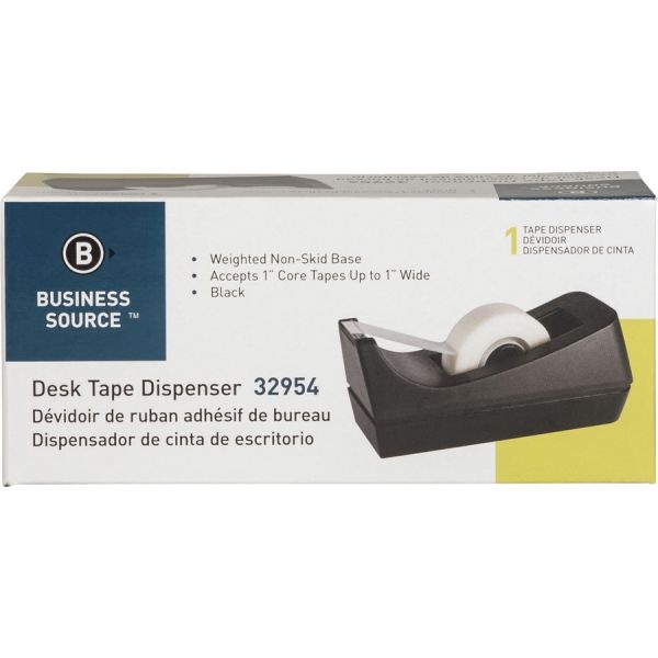 Business Source Standard Desktop Tape Dispenser - 1" Core - Non-Skid Base - Plastic - Black - 1 Each