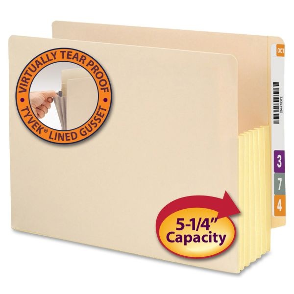 Smead Manila End Tab File Pockets With Tyvek-Lined Gussets, 5.25" Expansion, Letter Size, Manila, 10/Box