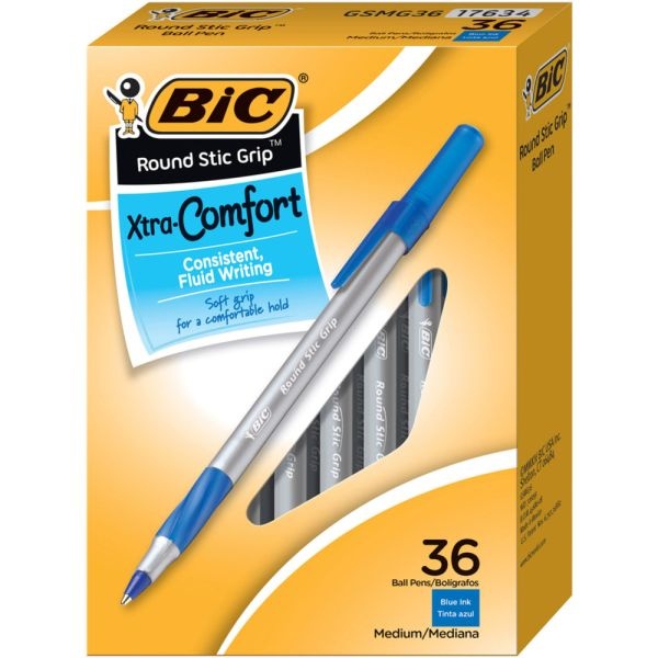 Bic Round Stic Grip Ballpoint Pens, Medium Point, 1.2 Mm, Blue Ink, Pack Of 36 Pens
