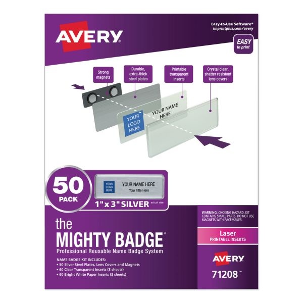Avery The Mighty Badge Name Badge Holder Kit, Horizontal, 3 X 1, Laser, Silver, 50 Holders/120 Inserts