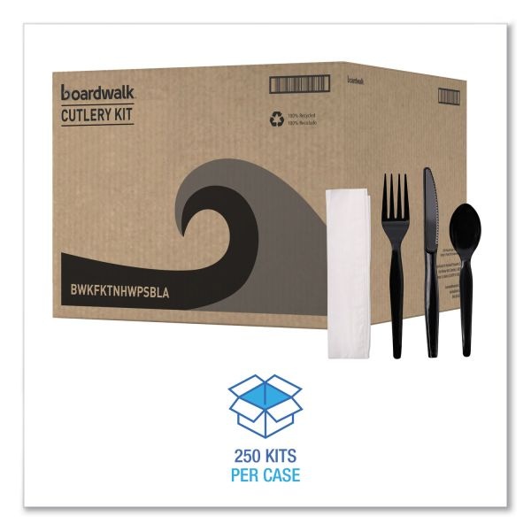 Boardwalk Four-Piece Cutlery Kit, Fork/Knife/Napkin/Teaspoon, Heavyweight, Black, 250/Carton