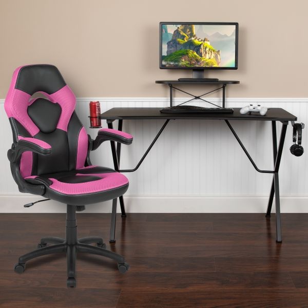 Optis Black Gaming Desk And Pink/Black Racing Chair Set With Cup Holder, Headphone Hook, And Monitor/Smartphone Stand