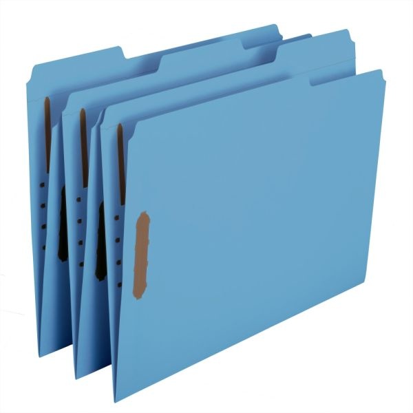 Smead Color Reinforced Tab Fastener Folders, Letter Size, 1/3 Cut, Blue, Pack Of 50