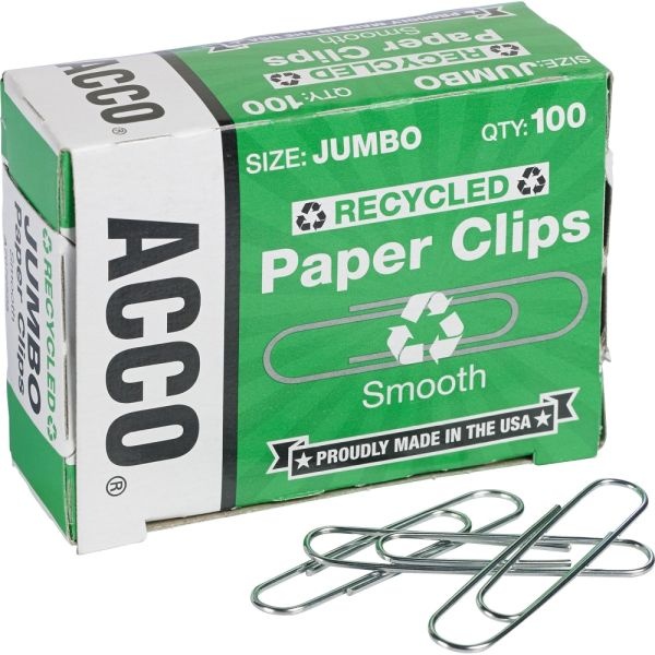 Acco Paper Clips, 1000 Total, Jumbo, 90% Recycled, Silver, 100 Per Pack, Box Of 10 Packs