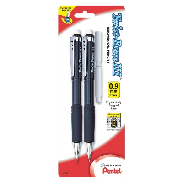 Pentel Twist-Erase Iii Mechanical Pencils, 0.9Mm, #2 Lead, Assorted Barrel Colors, Pack Of 2