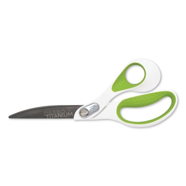 Westcott Carbotitanium Bonded Scissors, 9" Long, 4.5" Cut Length, White/Green Bent Handle