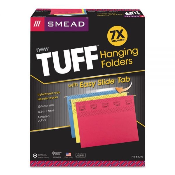 Smead Tuff Hanging Folders With Easy Slide Tab, Letter Size, 1/3-Cut Tabs, Assorted Colors, 15/Box