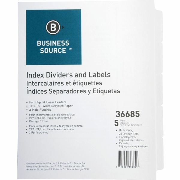 Business Source Punched Laser Index Dividers - 5 Blank Tab(S) - 8.5" Divider Width X 11" Divider Length - Letter - 3 Hole Punched - White Paper Divider - White Tab(S) - Recycled - Mylar Reinforcement, Reinforced, Punched - 25 / Box