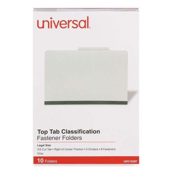 Universal Eight-Section Pressboard Classification Folders, 3" Expansion, 3 Dividers, 8 Fasteners, Legal Size, Gray Exterior, 10/Box