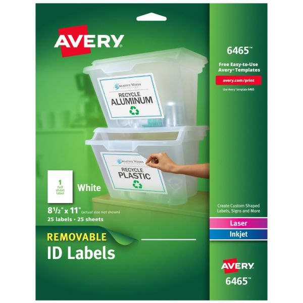 Avery Self-Adhesive Removable Id Labels, 6465, Rectangle, 8.5" X 11", White, Pack Of 25