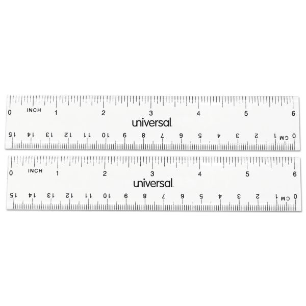 Universal Clear Plastic Ruler, Standard/Metric, 6" Long, Clear, 2/Pack