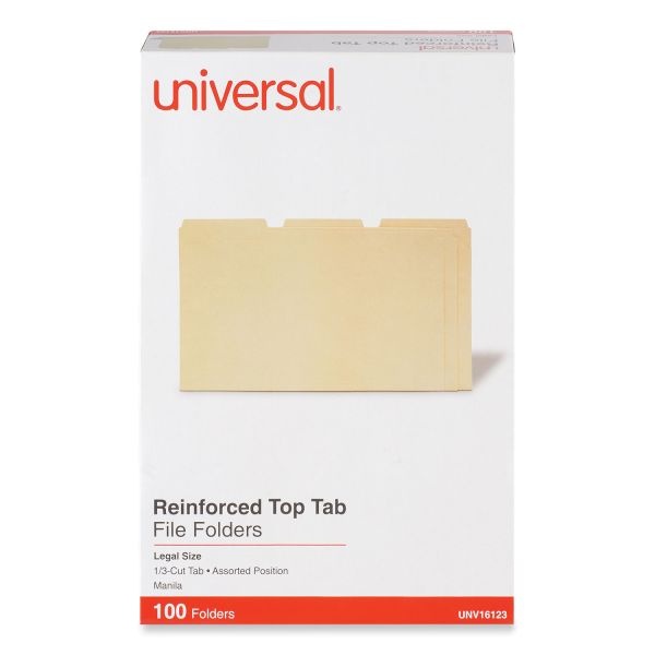 Universal Double-Ply Top Tab Manila File Folders, 1/3-Cut Tabs: Assorted, Legal Size, 0.75" Expansion, Manila, 100/Box