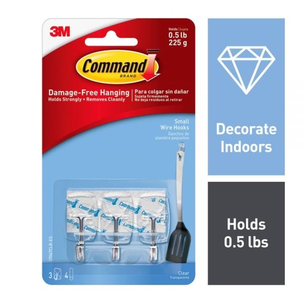 Command Clear Hooks And Strips, Plastic/Wire, Small, 3 Hooks And 4 Strips/Pack