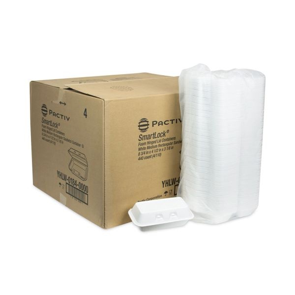 Pactiv Evergreen Smartlock Foam Hinged Lid Container, Medium, 8.75 X 4.5 X 3.13, White, 440/Carton