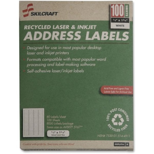 Skilcraft Permanent Inkjet/Laser Address Labels, Rectangle, 1/2" x 1 3/4", White, Box Of 100 Sheets