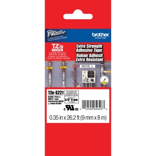 Brother TZe-S221 Black-On-White Industrial-Strength Tape, 0.38 x 26'
