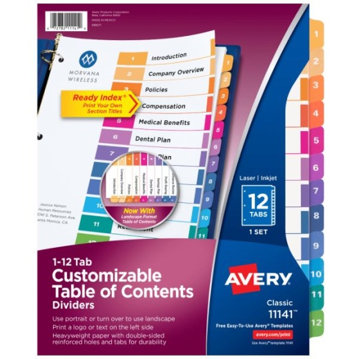 Avery Ready Index 1-12 Tab With Customizable Table Of Contents Binder Dividers