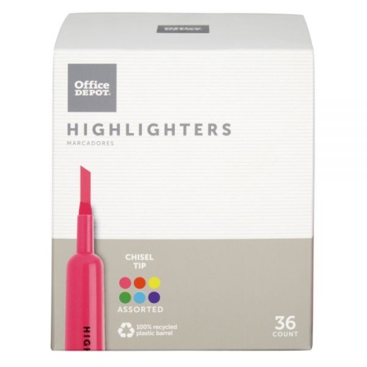 Chisel-Tip Highlighters - 100% Recycled Plastic Barrel, Assorted Fluorescent Colors, Pack Of 36