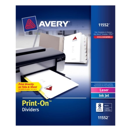 Avery Customizable Print-On Dividers - 8 1/2" X 11", 8 Tab, White, Pack Of 5 Sets