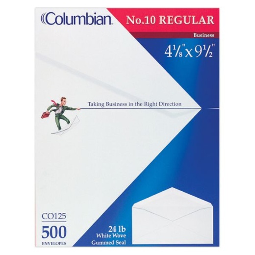 Columbian #10 Business Envelopes, Gummed Seal, White, Box of 500