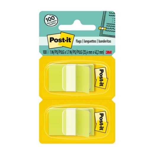 Post-it Flags, 1" x 1-11/16", Bright Green, 50 Flags Per Pad, Pack Of 2 Pads