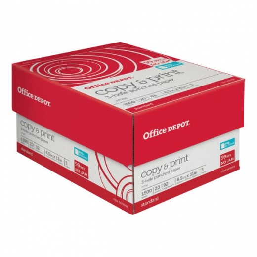 3-Hole Punched Multi-Use Printer & Copy Paper, White, Letter (8.5" X 11"), 1500 Sheets Per Case, 20 Lb, 92 Brightness