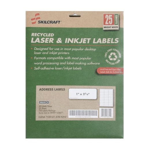 Skilcraft 100% Recycled Inkjet/Laser Address Labels