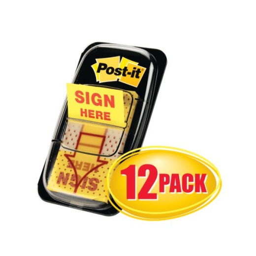 Post-it Message Flags, 'Sign Here', 1" x 1-11/16", Yellow, 50 Flags Per Pad, Pack Of 12 Pads