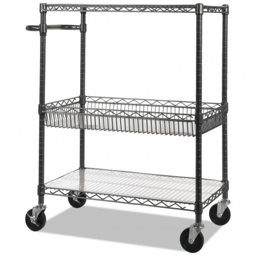 Alera Three-Tier Wire Cart with Basket, Metal, 2 Shelves, 1 Bin, 500 Lb Capacity, 34" x 18" x 40", Black Anthracite