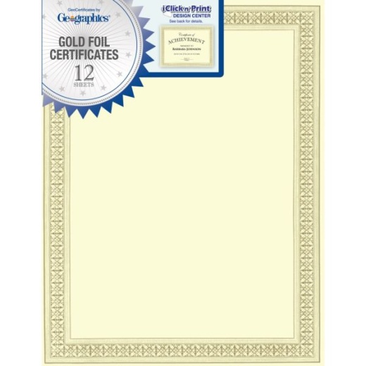 Geographics Foil Certificates, 8-1/2" x 11", Gold Flourish, Pack Of 12