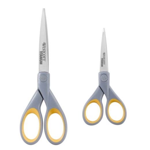 Westcott Titanium Bonded Scissors, Pointed, Gray/Yellow, Pack Of 2