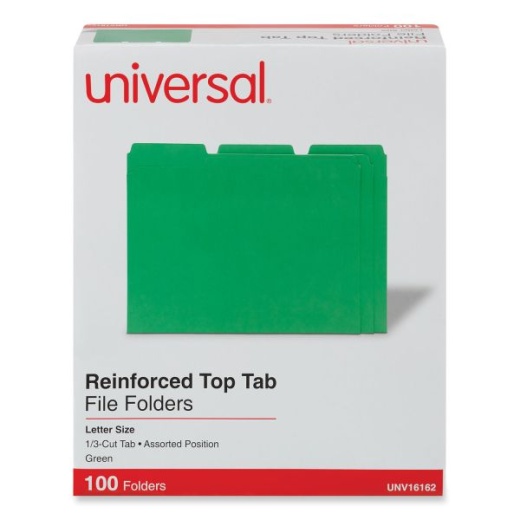 Universal Reinforced Top-Tab File Folders - Assorted, Letter Size, 1" Expansion, Green, 100/Box