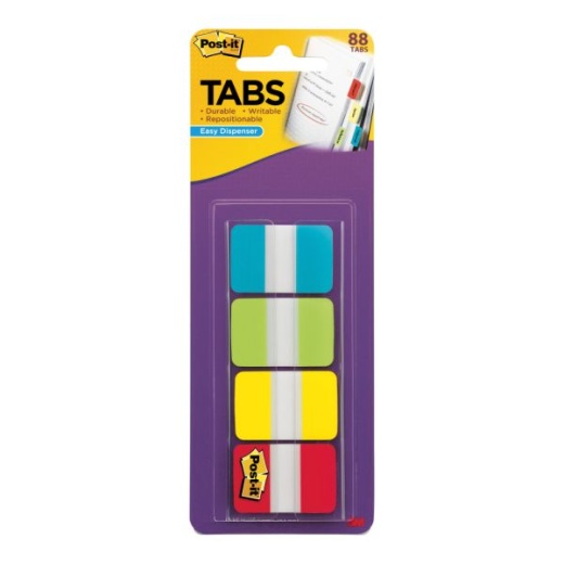 Post-it Tabs With On-The-Go Dispenser, 1", Assorted Colors (686-ALYR1IN), Pack Of 88 Tabs; Aqua,Lime,Yellow,Red