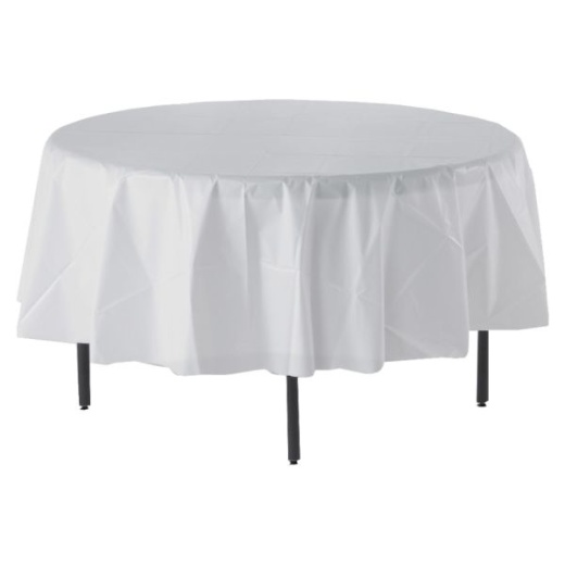 Genuine Joe Plastic Round Table Covers, 48"-60" Diameter, White, Pack Of 6