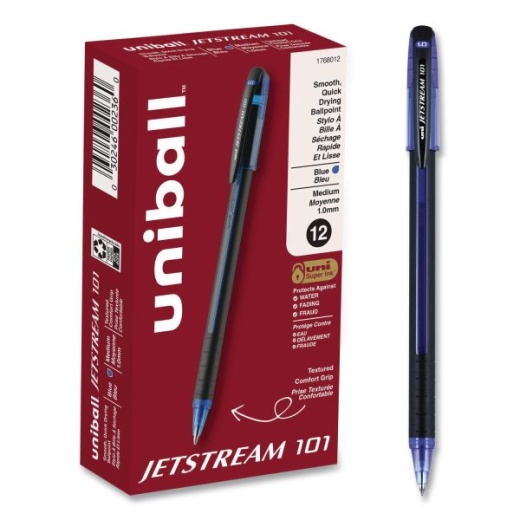 Uniball Jetstream 101 Hybrid Gel Pen, Stick, Bold 1 Mm, Blue Ink, Black/Blue Barrel, Dozen