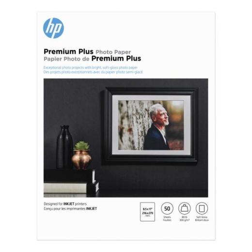 HP Premium Plus Photo Paper for Inkjet Printers, Soft Gloss, Letter Size, 80 Lb, Pack Of 50 Sheets (CR667A)