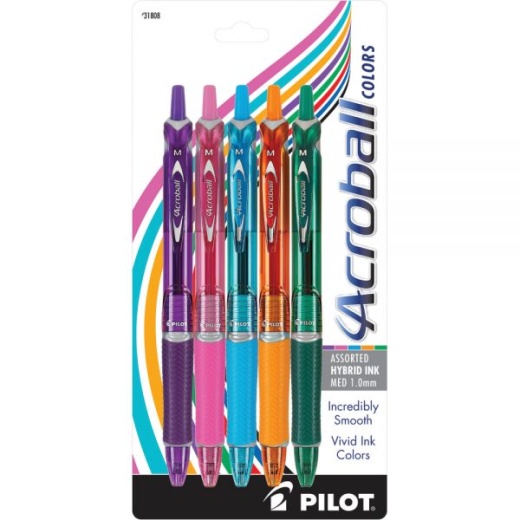 Pilot Acroball Retractable Hybrid Gel Pens, Medium Point, 1.0 Mm, Assorted Barrels, Assorted Ink Colors, Pack Of 5 Pens, 31808