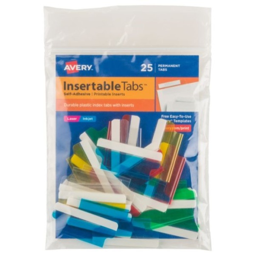 Avery Insertable Self-Adhesive Index Tabs With Printable Inserts, Assorted Colors, Pack Of 25