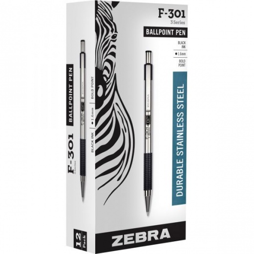 Zebra F-301 Ballpoint Pen, Retractable, Bold 1.6 Mm, Black Ink, Stainless Steel/Black Barrel, 12/Pack