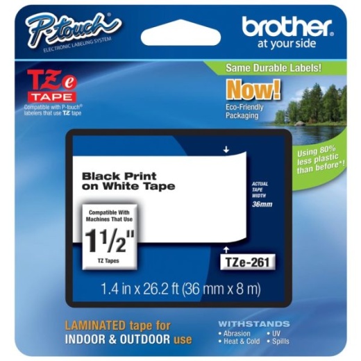 Brother TZe-261 Black-On-White Security Tape, 1.5" x 26"